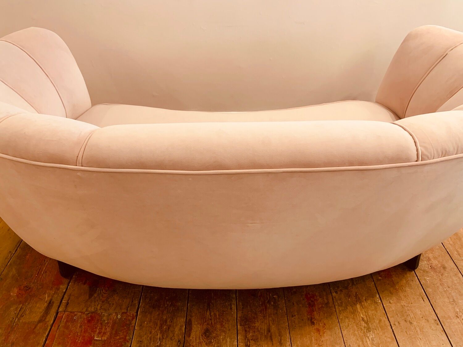 1940s Danish Banana Shaped Scalloped Sofa in Blush Pink