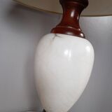 Table lamp with wooden and alabaster base, fabric lampshade