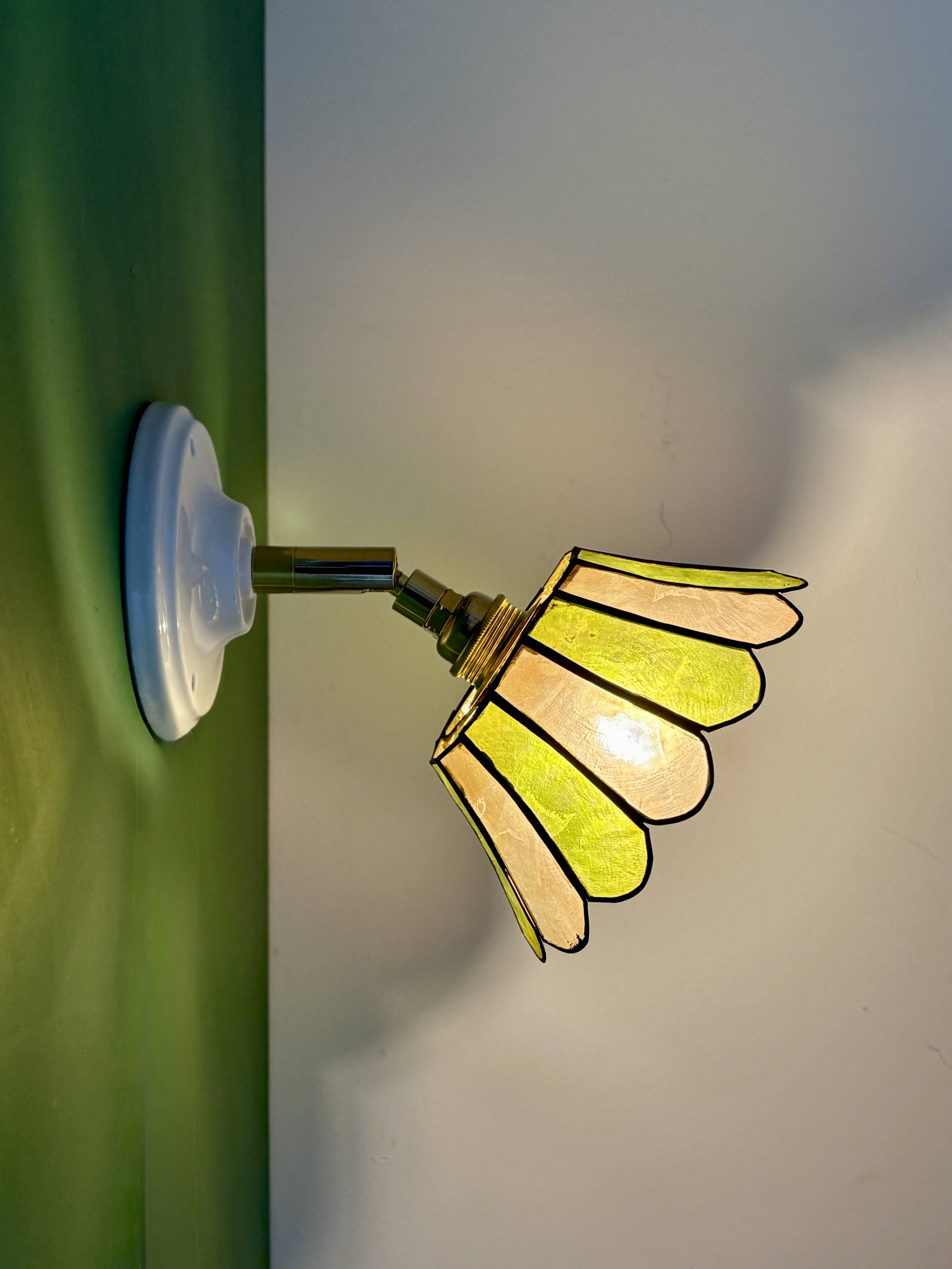 Vintage wall lamp with a green and pink mother-of-pearl lampshade