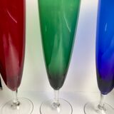 Set of 4 champagne flutes in colored glass 70s