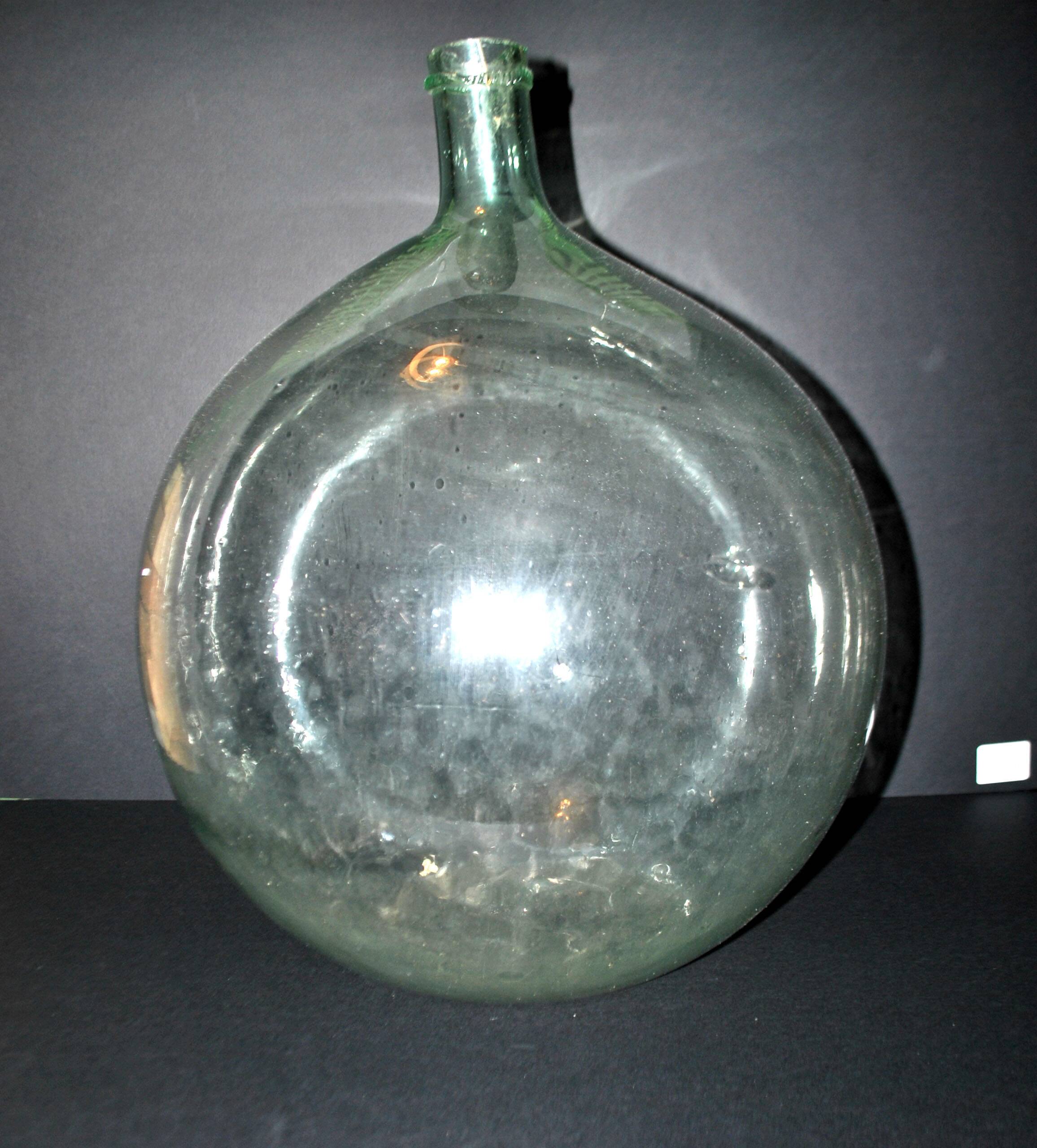 Large vintage light green glass demijohn bottle 20L H42cm