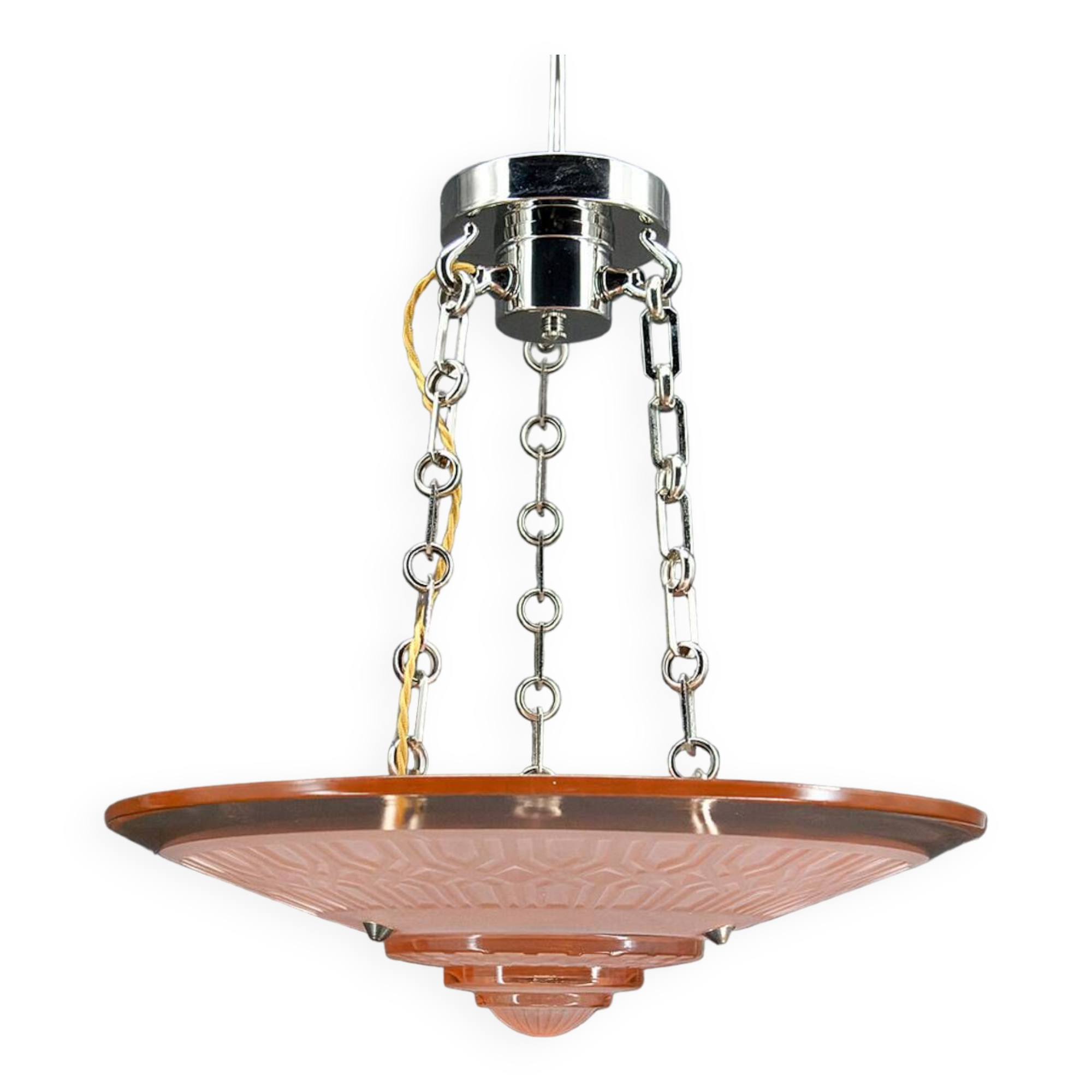 Suspension Art Déco moderniste en verre rose et bronze chromé, par Henry Petitot, 1935