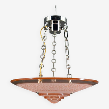 Modernist Art Deco pendant lamp in pink glass and chrome bronze, by Henry Petitot, 1935