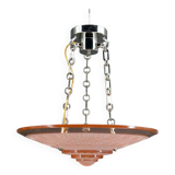 Suspension Art Déco moderniste en verre rose et bronze chromé, par Henry Petitot, 1935