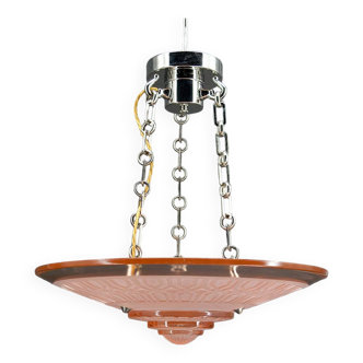 Modernist Art Deco pendant lamp in pink glass and chrome bronze, by Henry Petitot, 1935