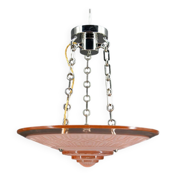 Modernist Art Deco pendant lamp in pink glass and chrome bronze, by Henry Petitot, 1935