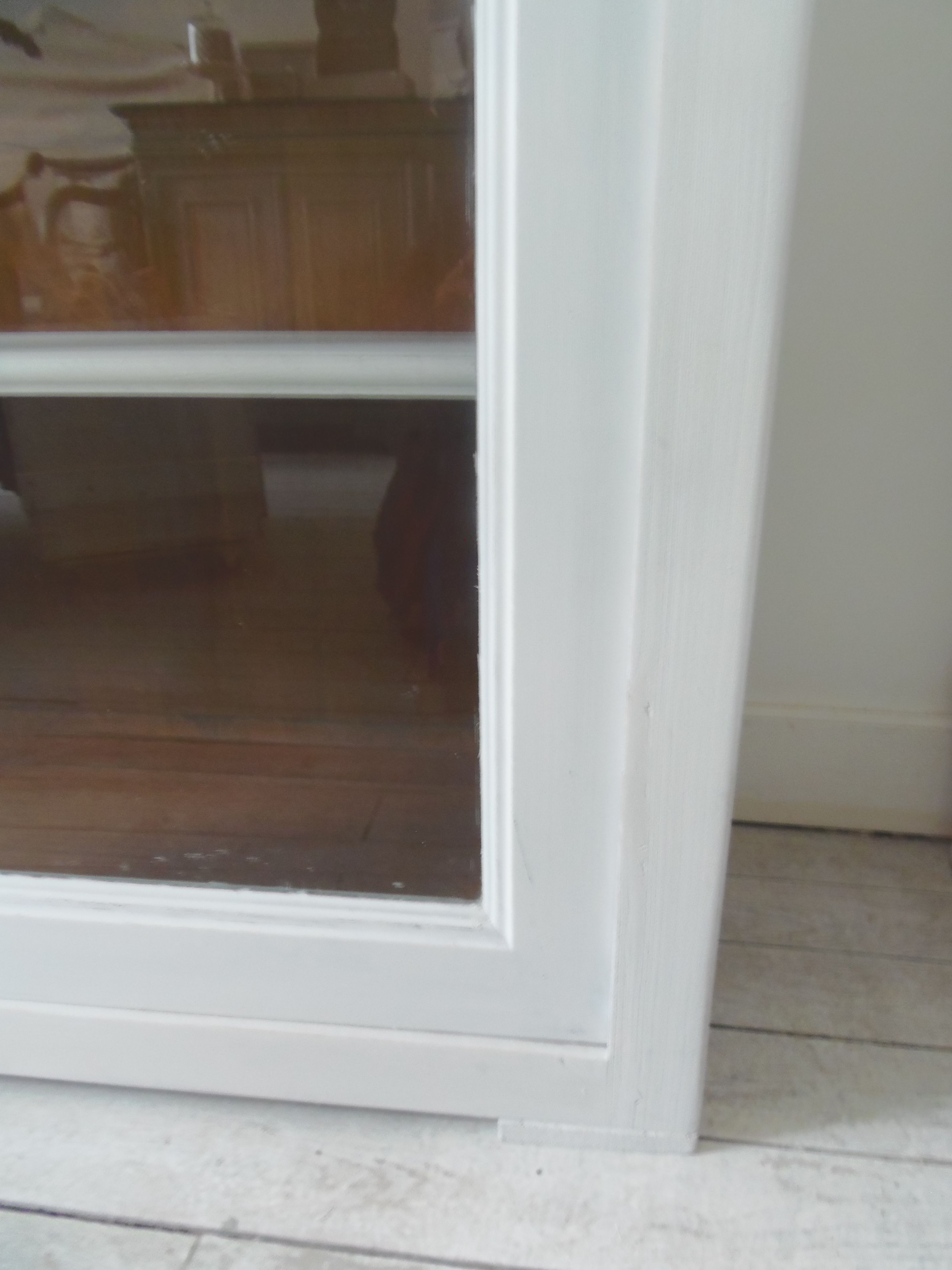 Showcase, bookcase, dresser style louis philippe patinated pearl gray, 2 glass doors.