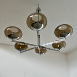 Old 6-light chandelier designed by Sciolari in chrome metal and smoked glass, 70s vintage