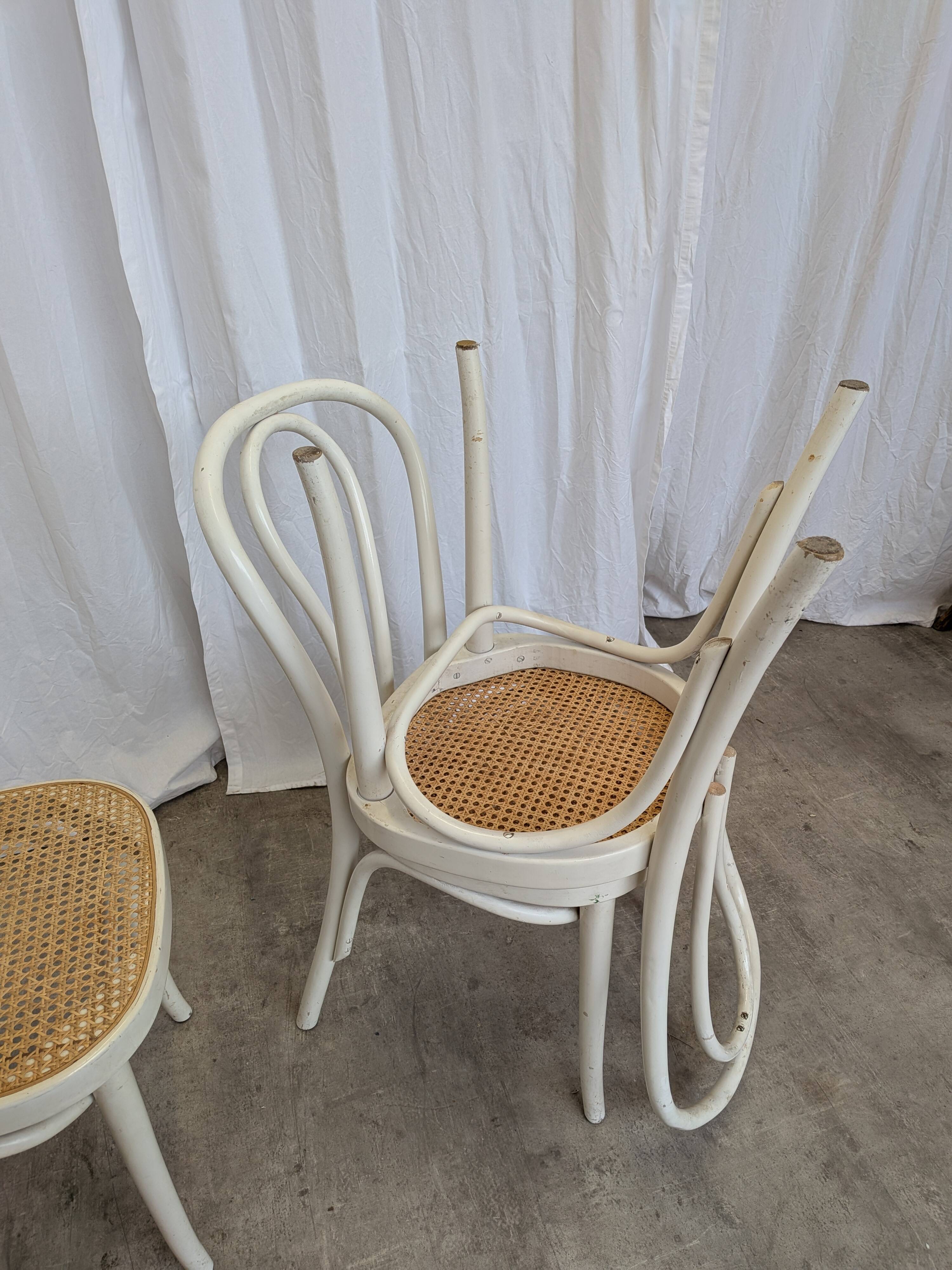 Set of 4 Vintage Thonet Style Dining Chairs: White Wood & Cane Seat