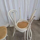 Set of 4 Vintage Thonet Style Dining Chairs: White Wood & Cane Seat