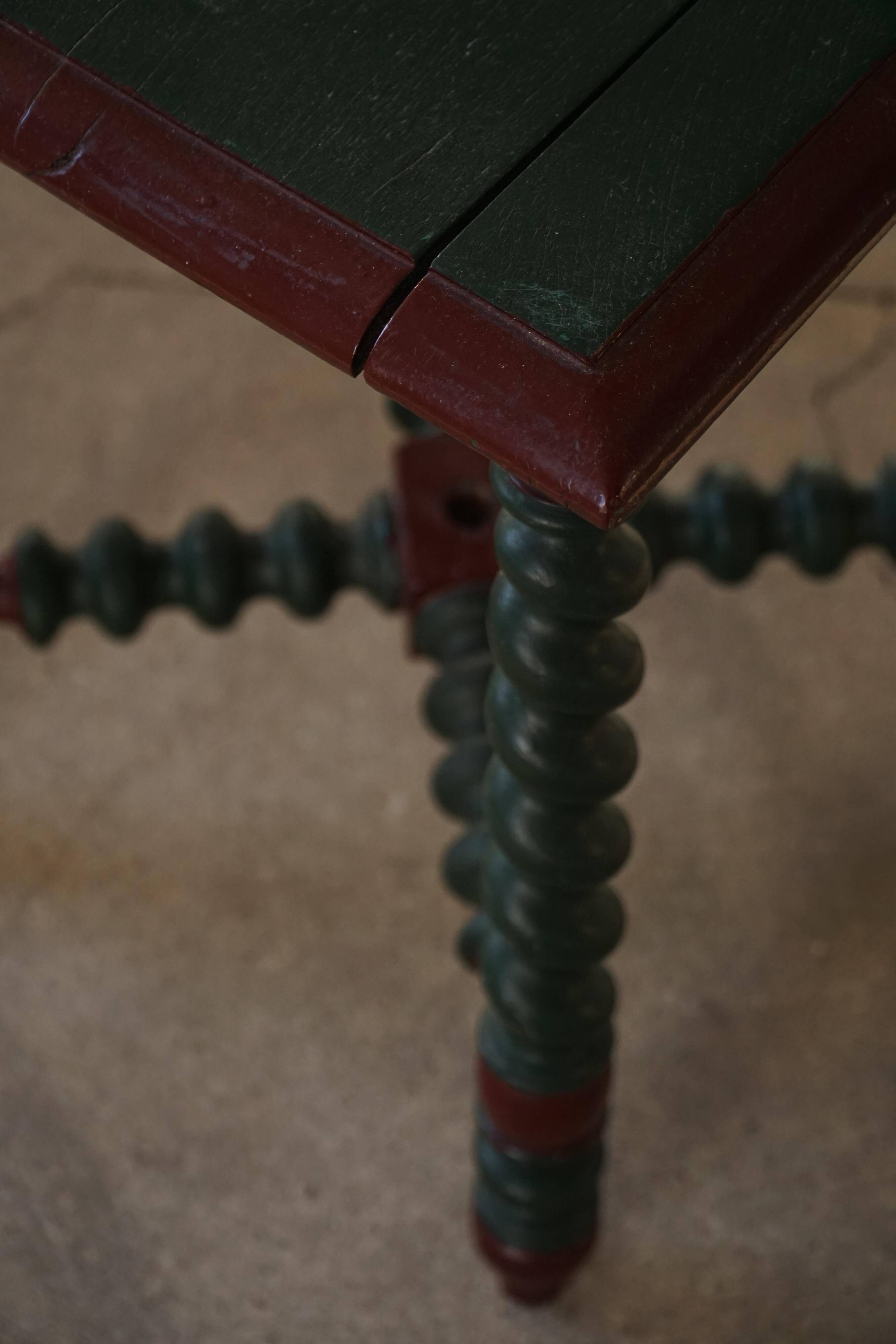 Vintage Scandinavian Stool Painted in Dark Green and Dark Red Wood, Folk Style, 1940s