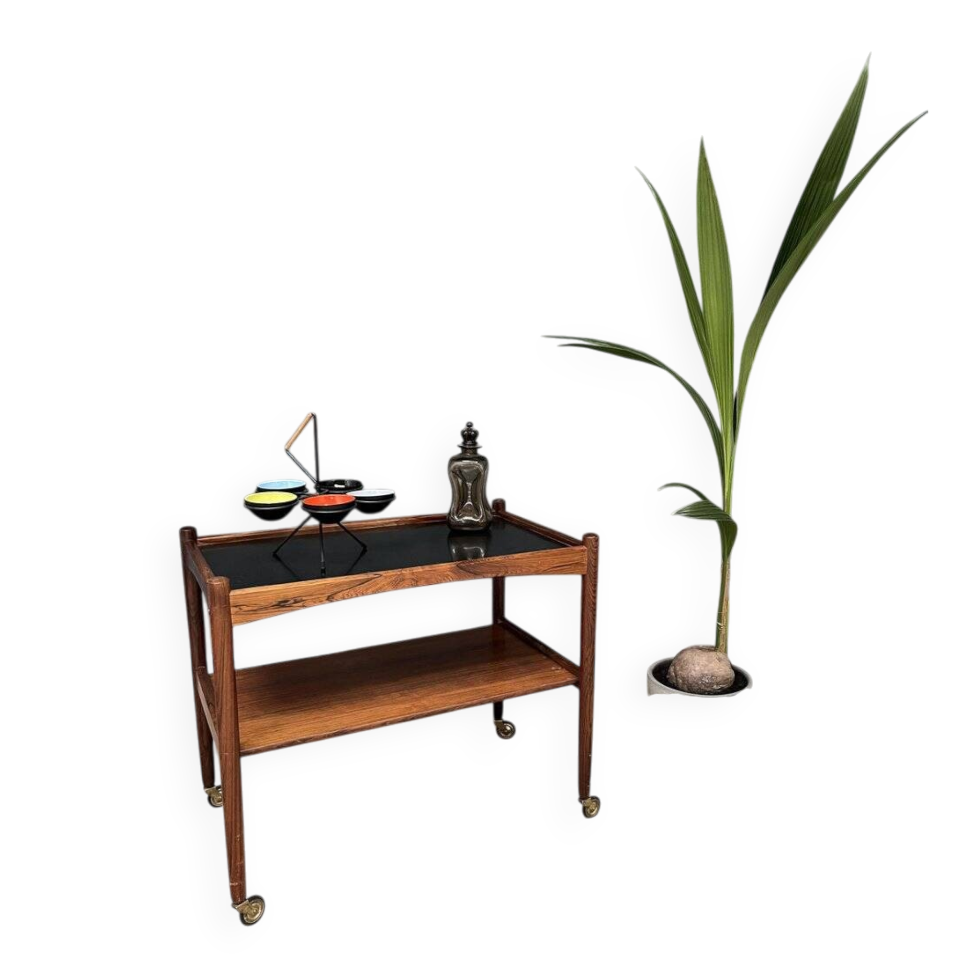 Rolling Cart in Rosewood with Black Formica Top, 1960s