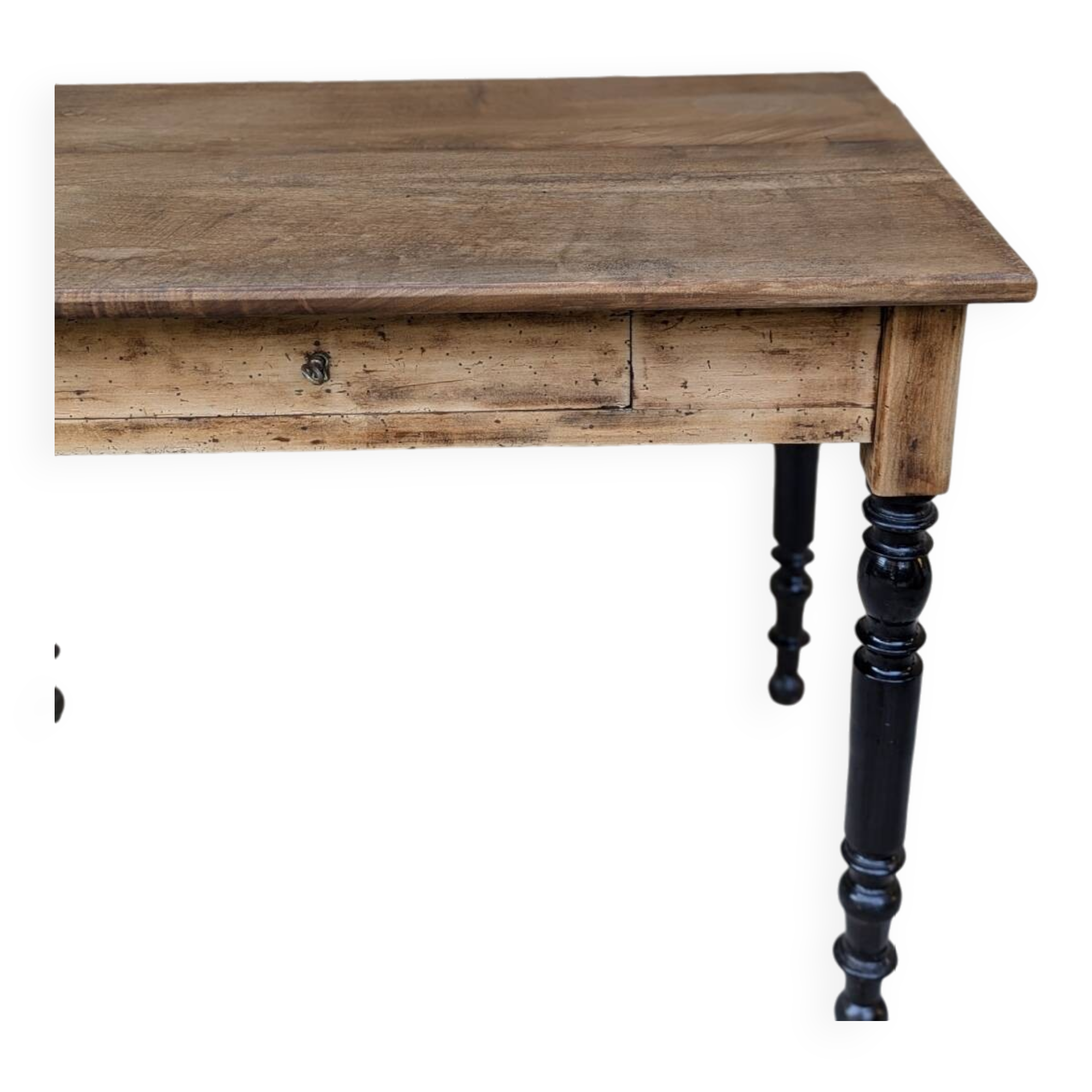 Solid wood desk, black base
