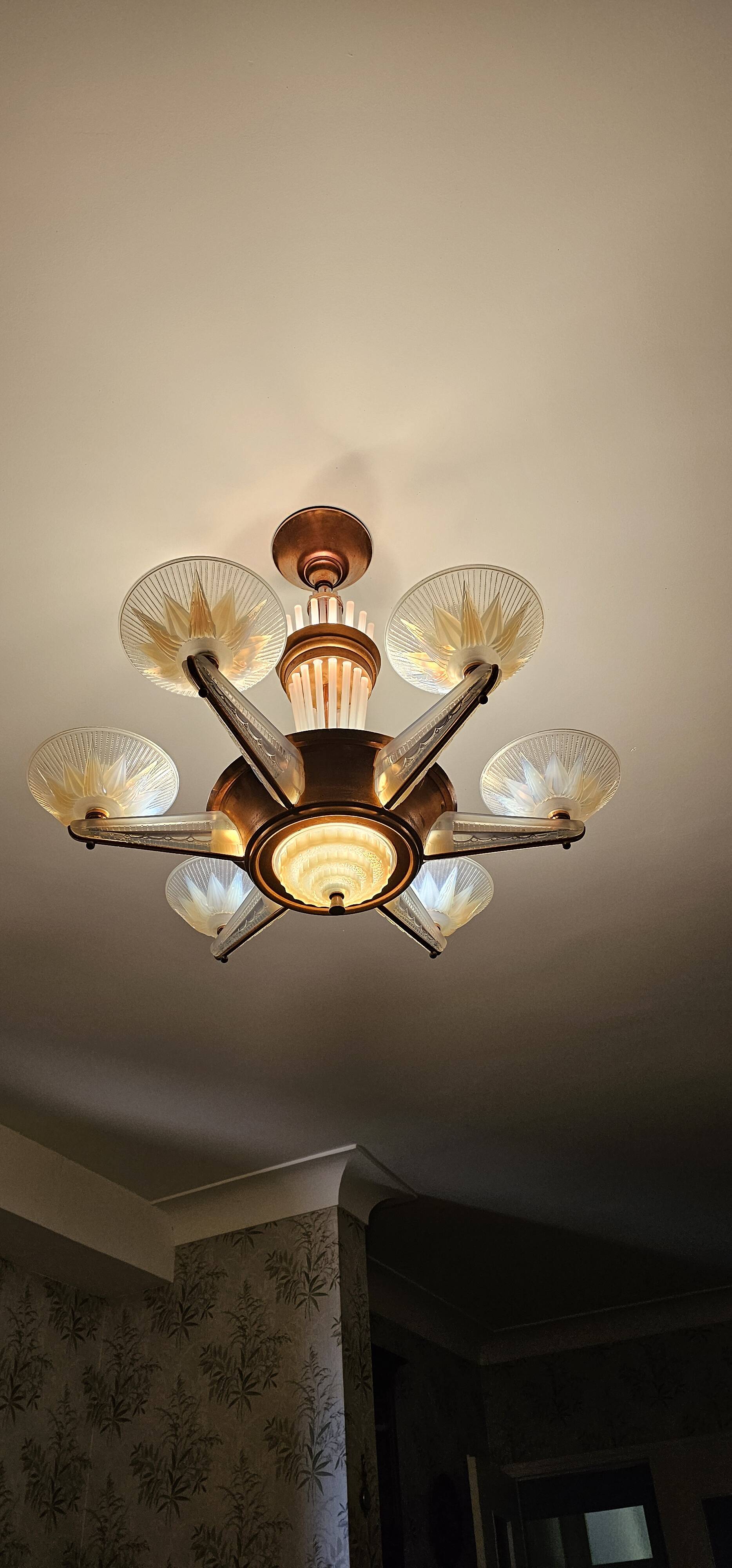 Art Deco chandelier by H.Petitot and Jean Gauthier in copper-plated metal and opal glass