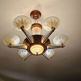 Art Deco chandelier by H.Petitot and Jean Gauthier in copper-plated metal and opal glass