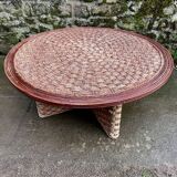 Table basse et 3 tabourets en corde 1970