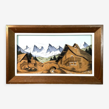 Tableau en bois sculpte & peint chalet montagne, vintage, esprit raugel