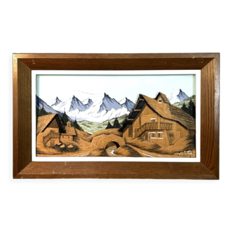 Tableau en bois sculpte & peint chalet montagne, vintage, esprit raugel