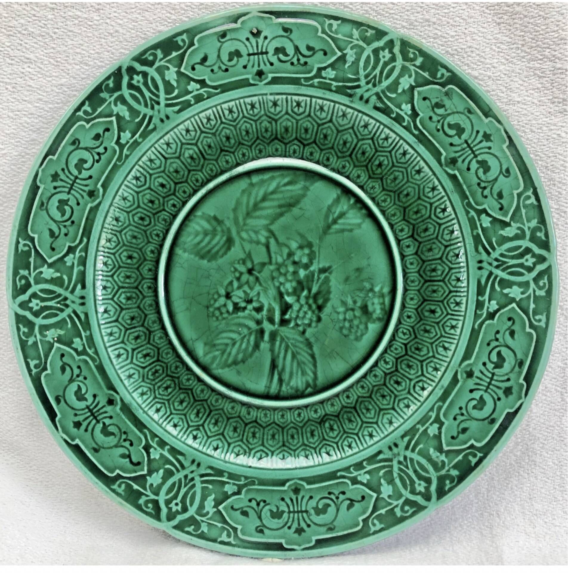 3 fruit plates Sarreguemines majolica shaded enamel Rubelles