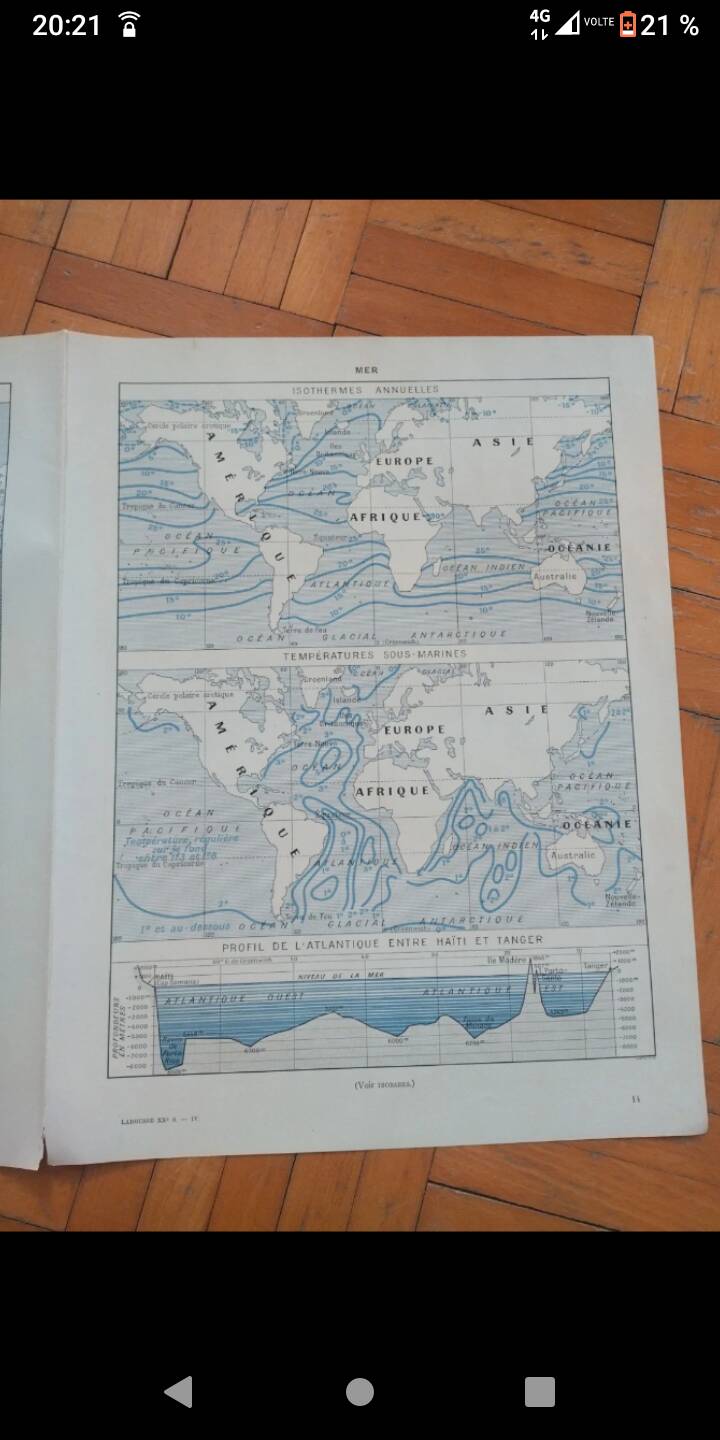 Old geographical map seas currents isobars isotherms Larousse