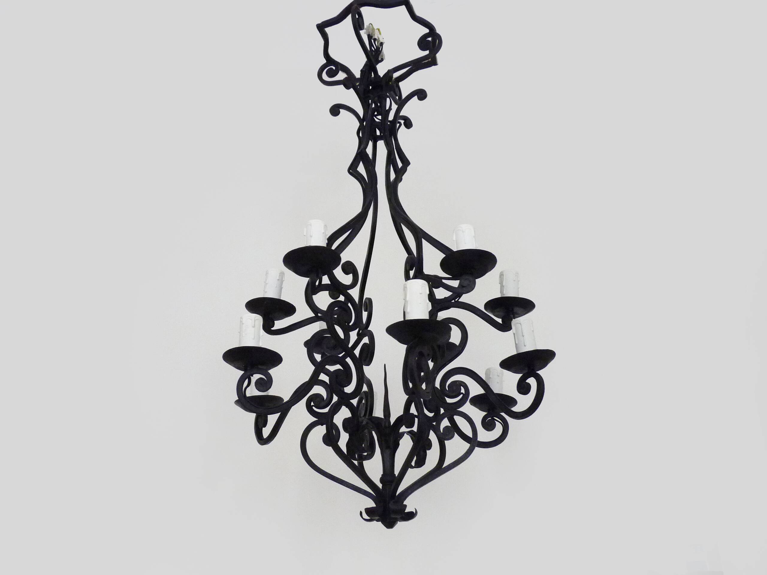 Large 12-light wrought iron hall or living room chandelier. 1960s-70s