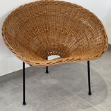 Pair of rattan and black metal armchairs, 1950s/60s