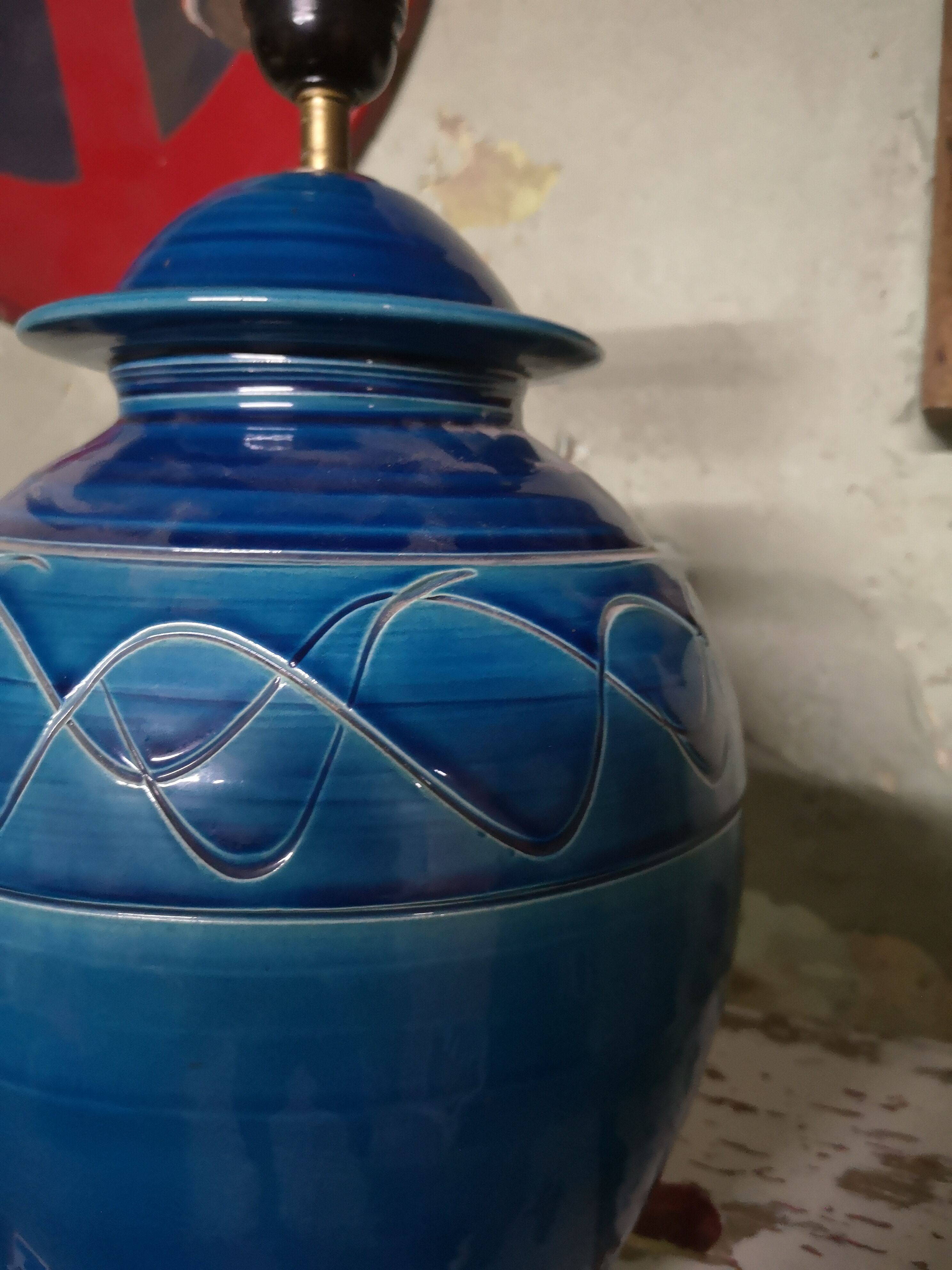 Old blue ceramic lamp signed jeay