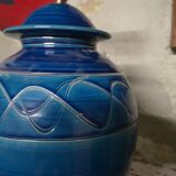 Pied de lampe ancienne en céramique bleu signée jeay