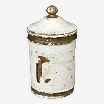 Earthenware medicine jar with white and gold decorated lid - leftover label
