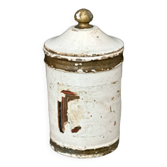 Earthenware medicine jar with white and gold decorated lid - leftover label