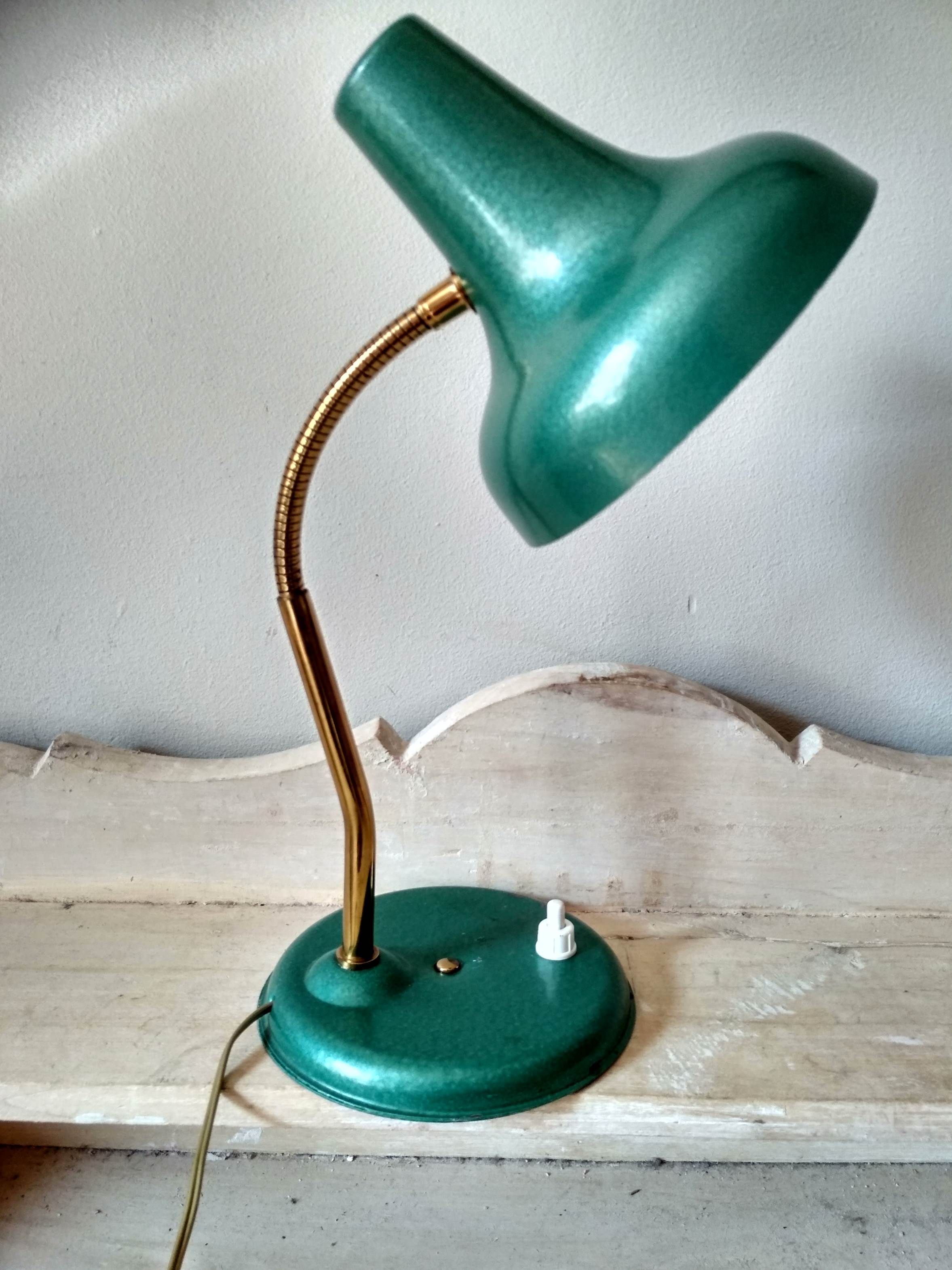 50's 50's green metal articulated desk lamp and golden flexible foot