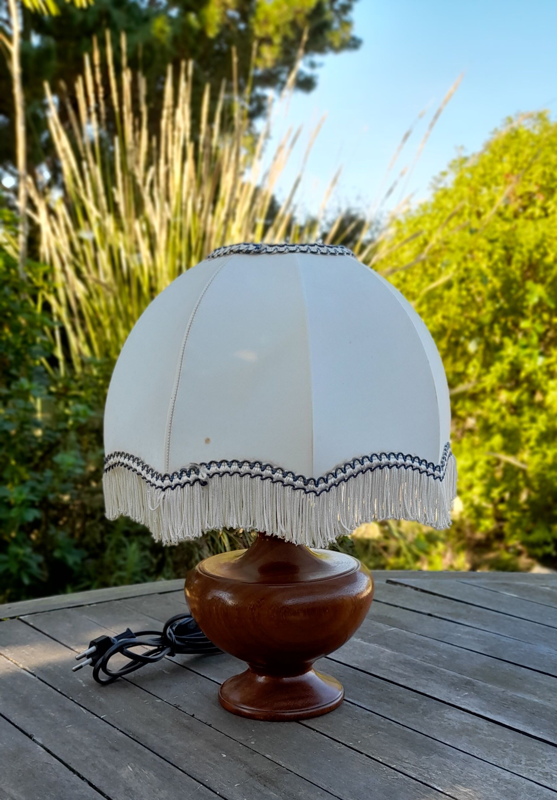 Wooden foot table lamp, charleston dome lampshade, Roaring Twenties style