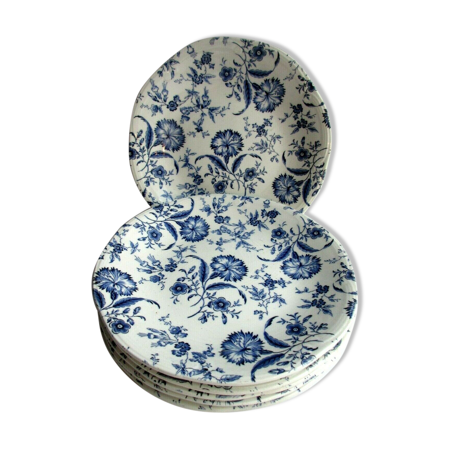 Set of 6 gien Art Deco flat plates model carnations in blue