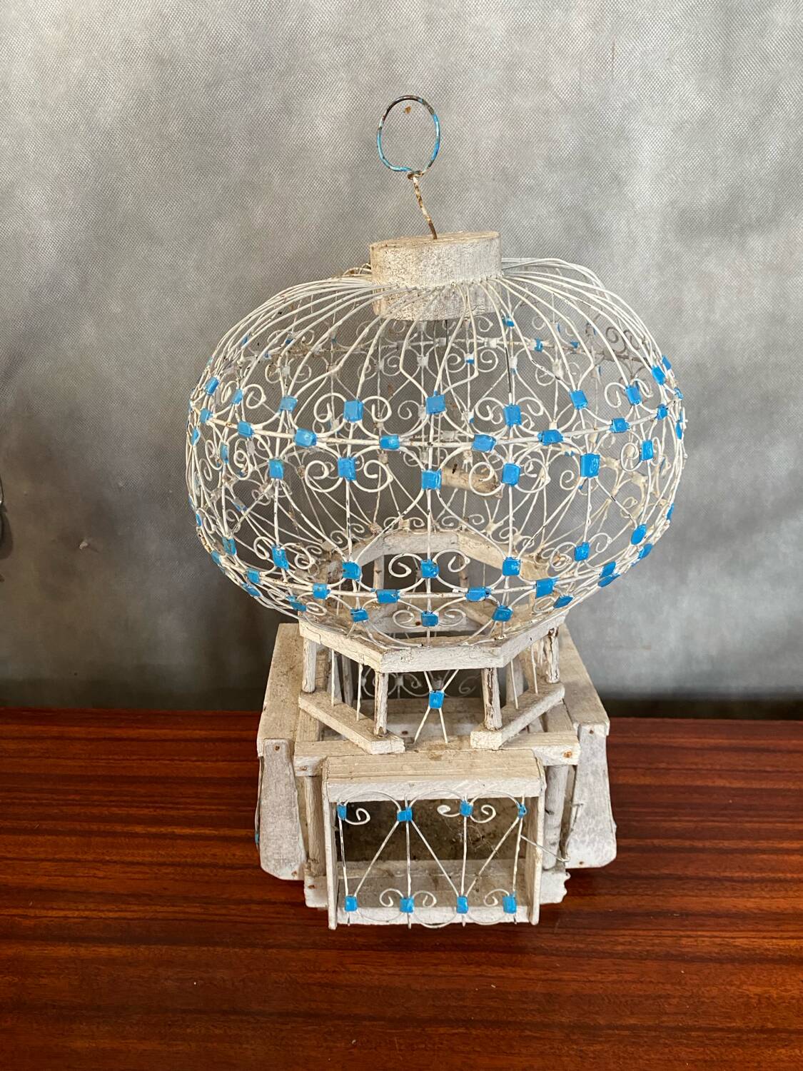 Old Bird Cage Hot Air Balloon Wood + Metal White Blue Vintage Deco