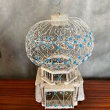 Old Bird Cage Hot Air Balloon Wood + Metal White Blue Vintage Deco