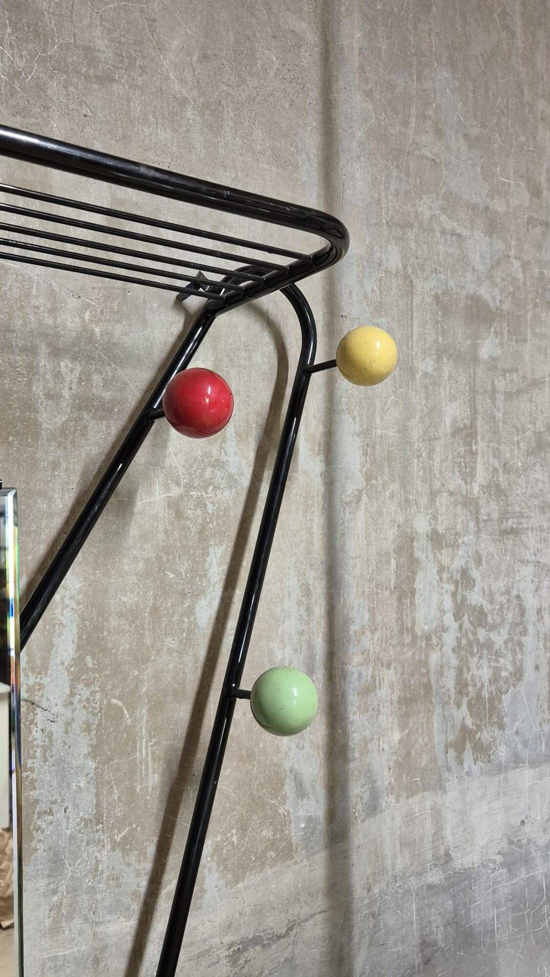 Vintage coat rack attributed to Roger Feraud, black metal with coloured spheres, 1970s, 180 x 82 x 22 cm