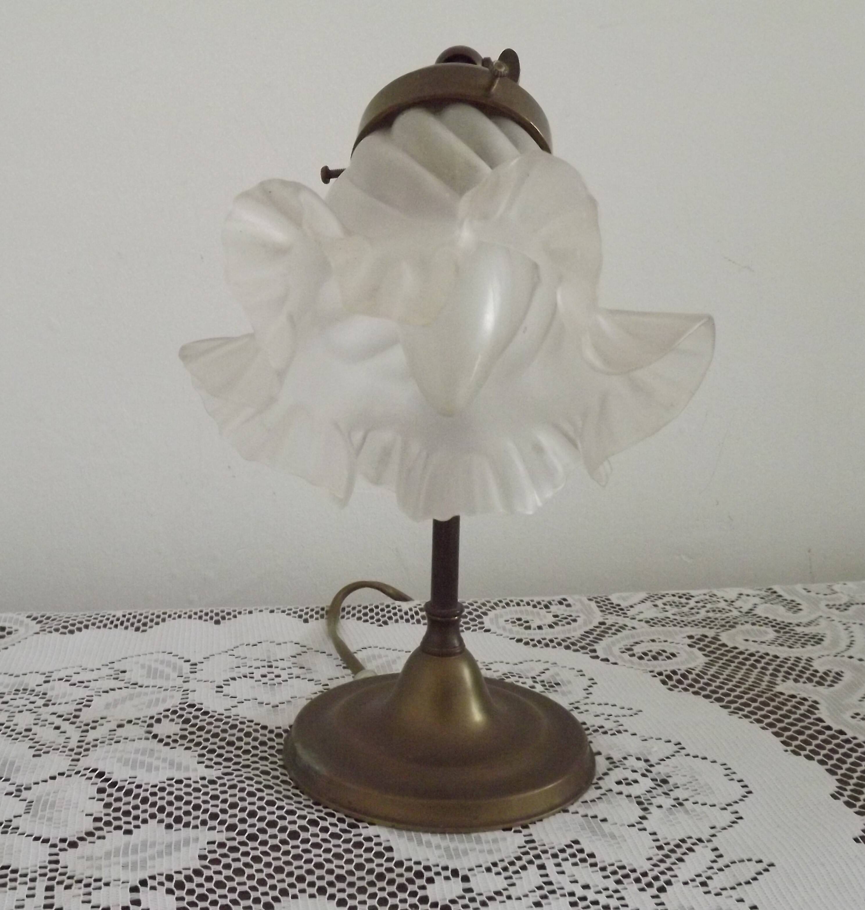 Vintage French Brass Gooseneck Table Lamp with Opaque Patterned Glass Shade 5522