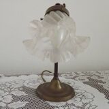 Vintage French Brass Gooseneck Table Lamp with Opaque Patterned Glass Shade 5522