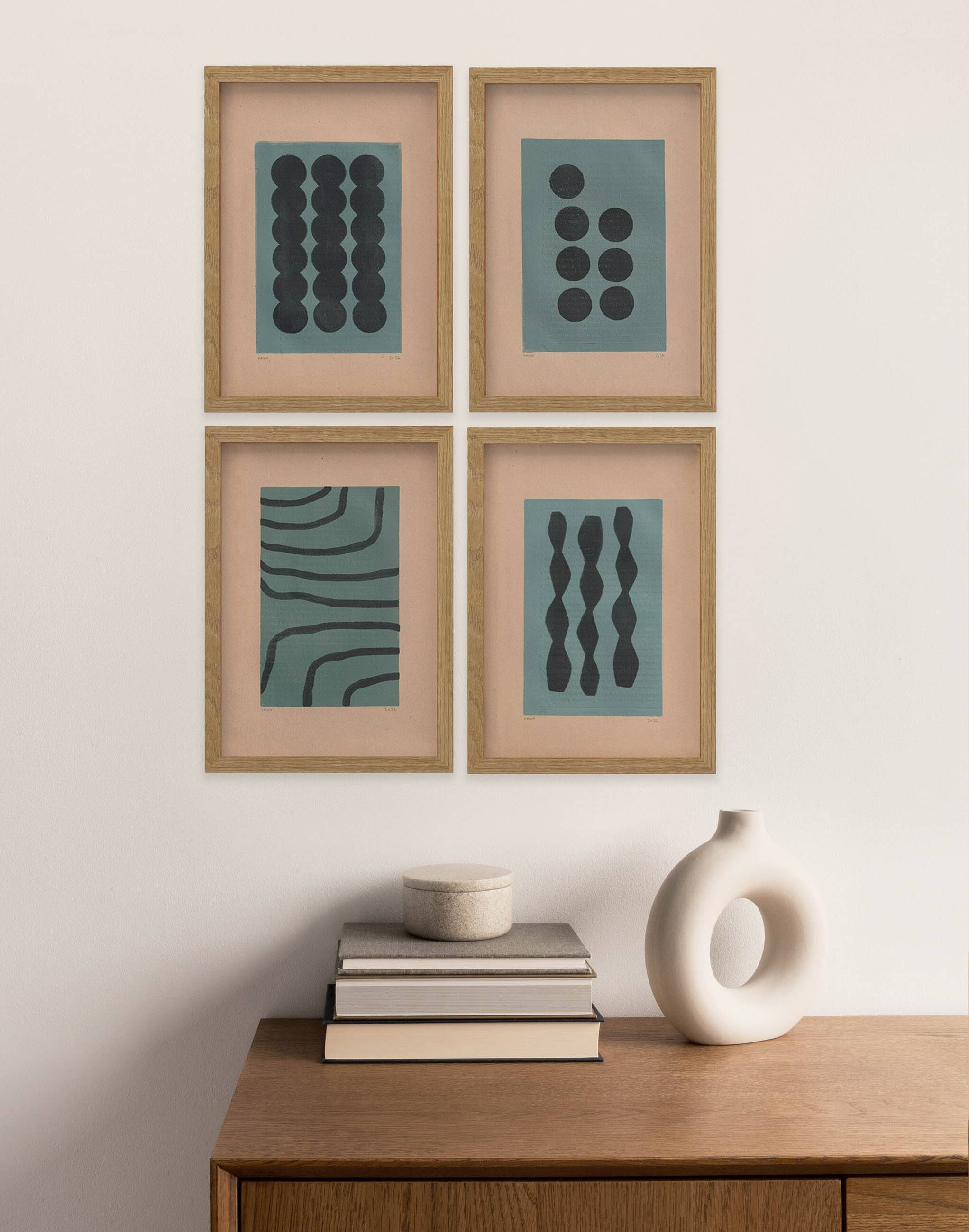 Collection of 4 abstract paintings on old paper signed Eawy.
