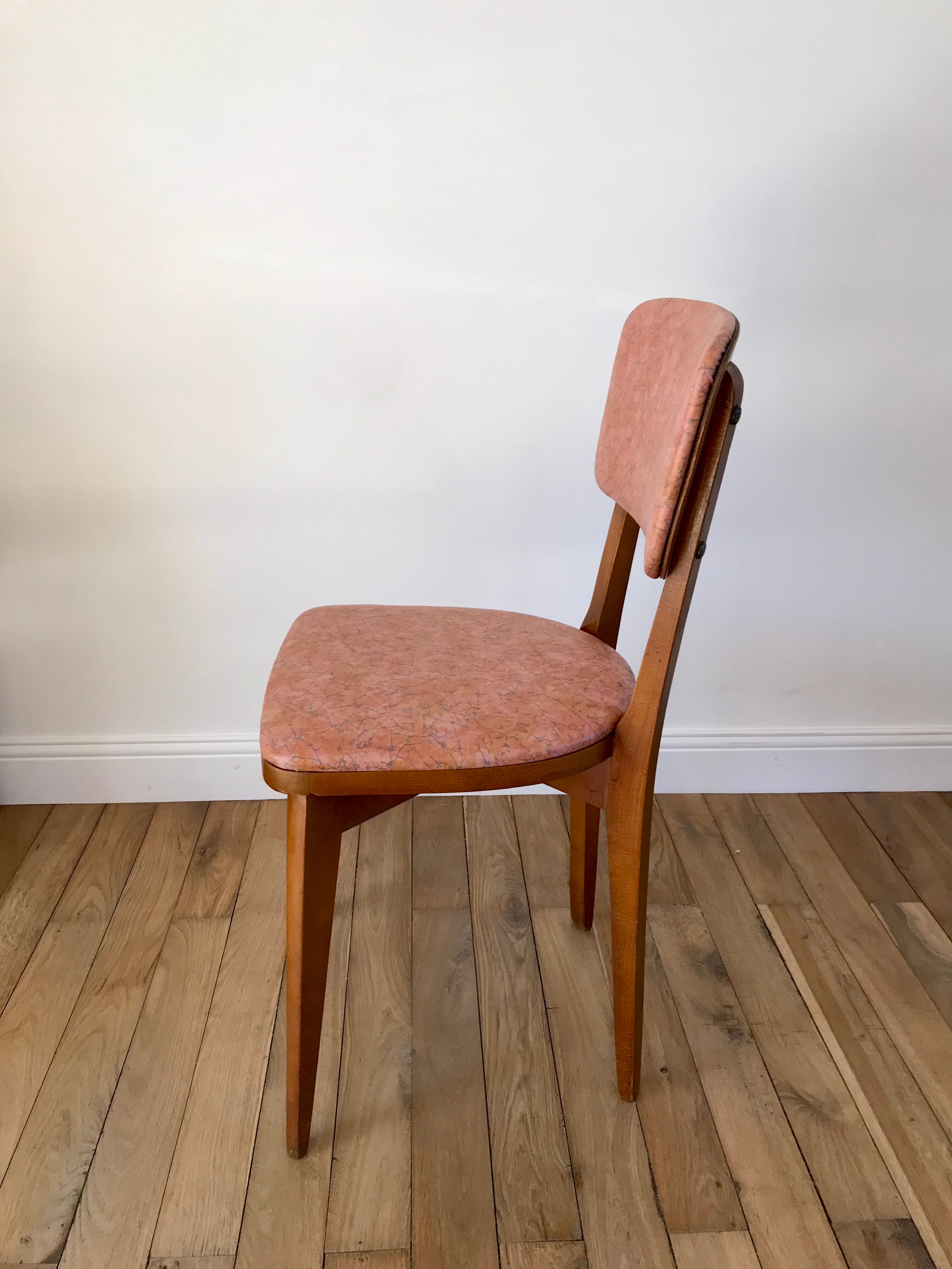 Set of 6 Scandinavian chairs in beech wood and pastel skaï 50s