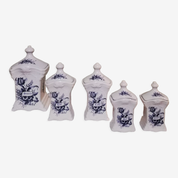 5 Delft earthenware spice jars or apothecary jars