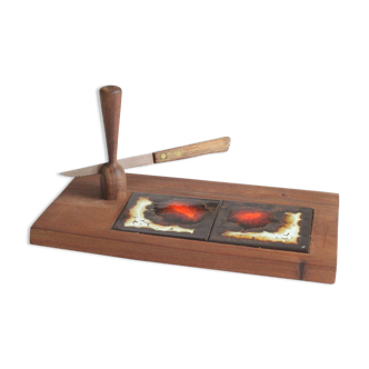 Ceramic tile and teak cheese serving set, 1950s.