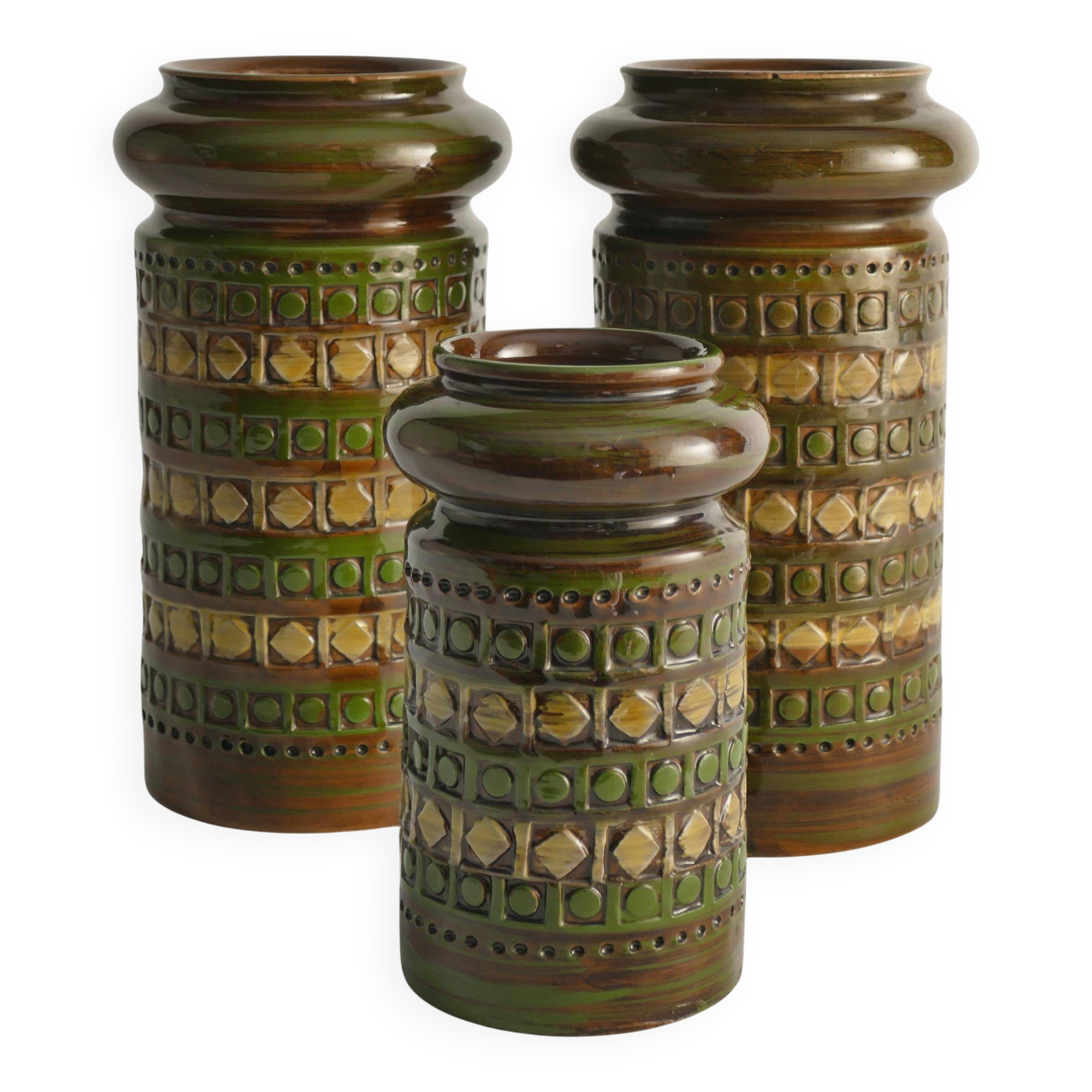Vases en grès jaune et vert par Aldo Londi pour Bitossi, Italie, ensemble de 3