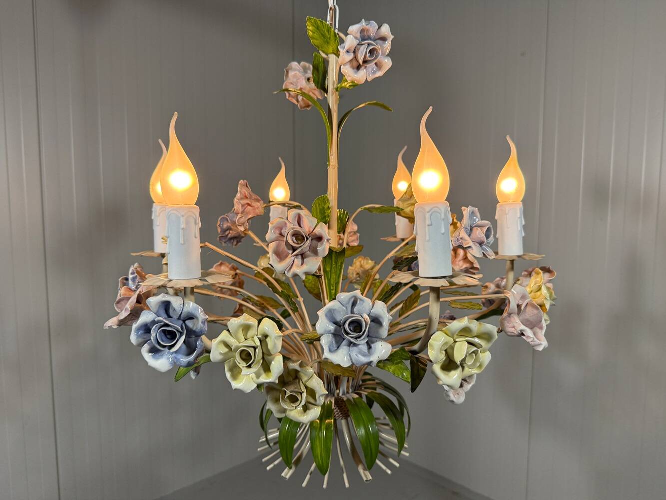 Italian tole chandelier porcelain flowers 1950’s