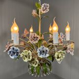Italian tole chandelier porcelain flowers 1950’s
