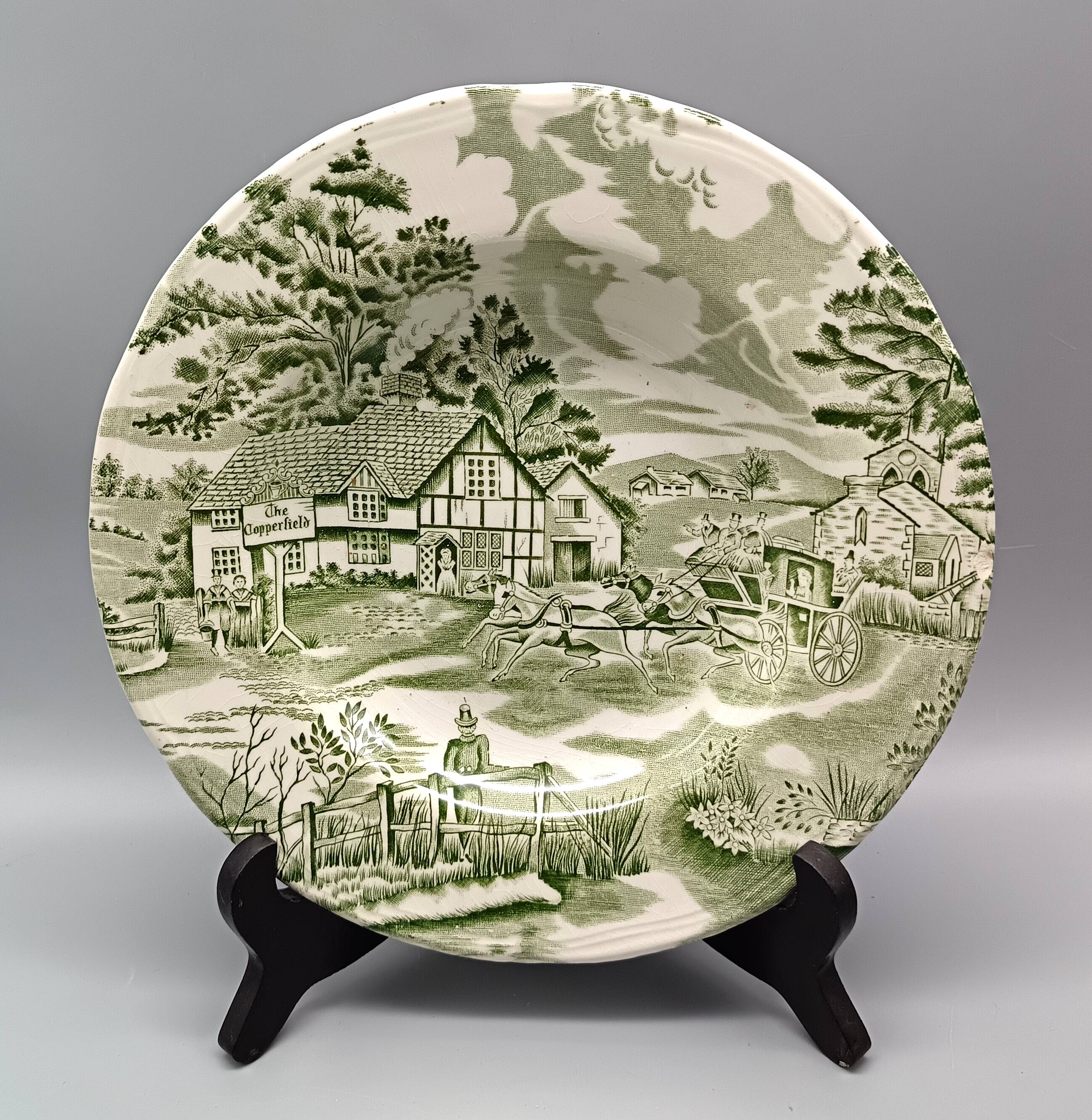 6 french ceramic luneville soup plates, green and ivory