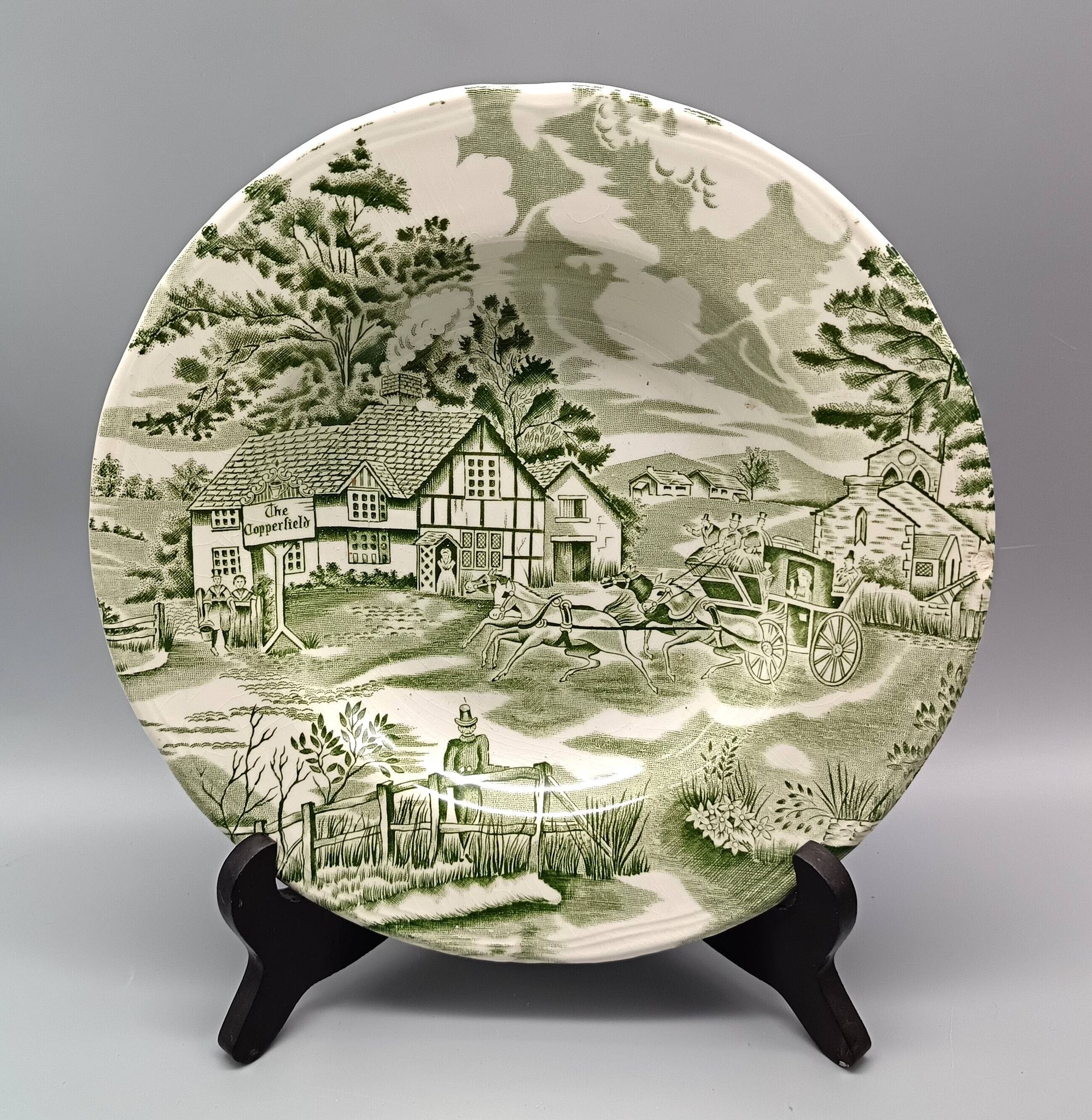 6 french ceramic luneville soup plates, green and ivory