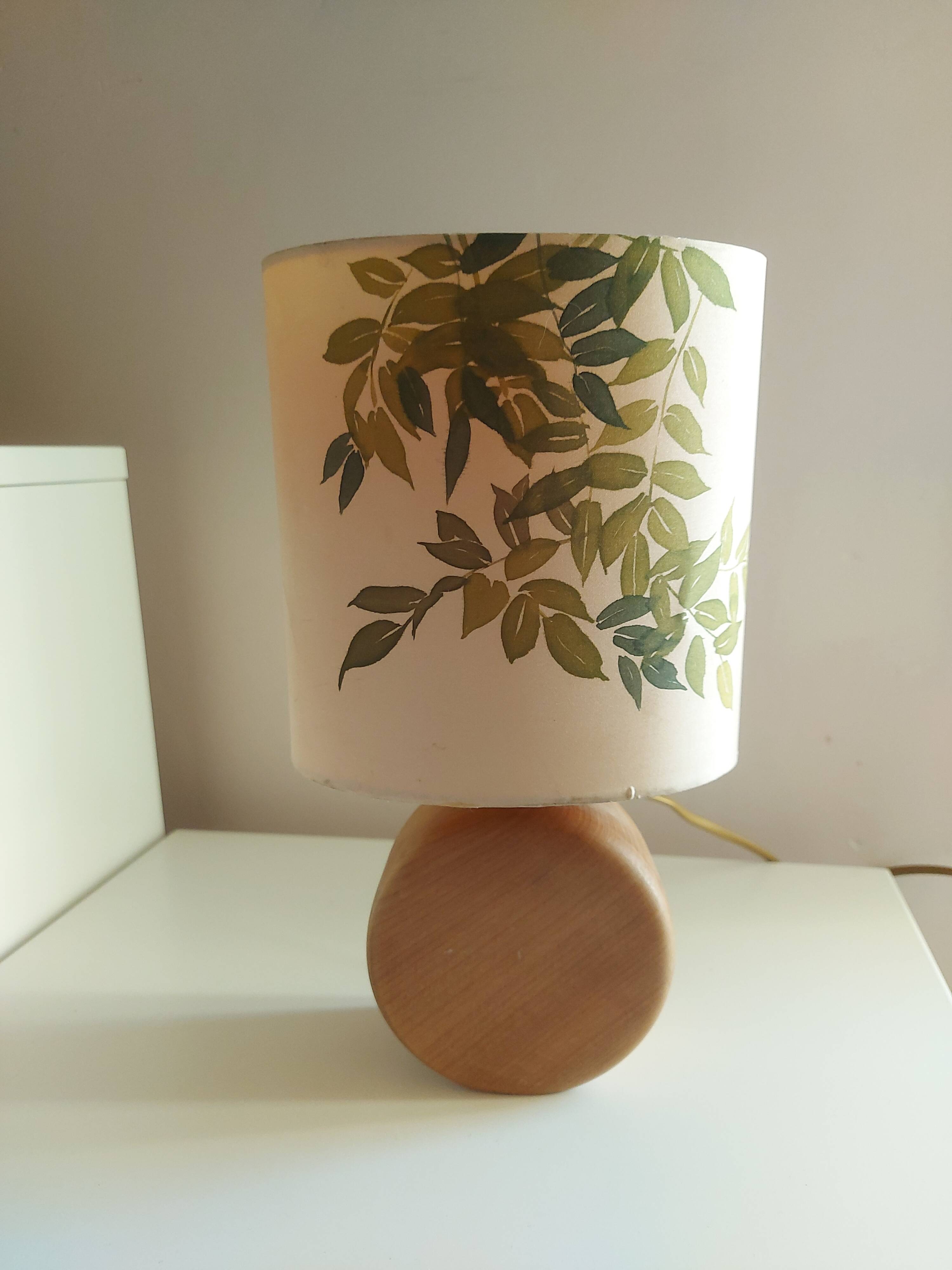 Wooden lamp with silk lampshade, hand painted, signed
