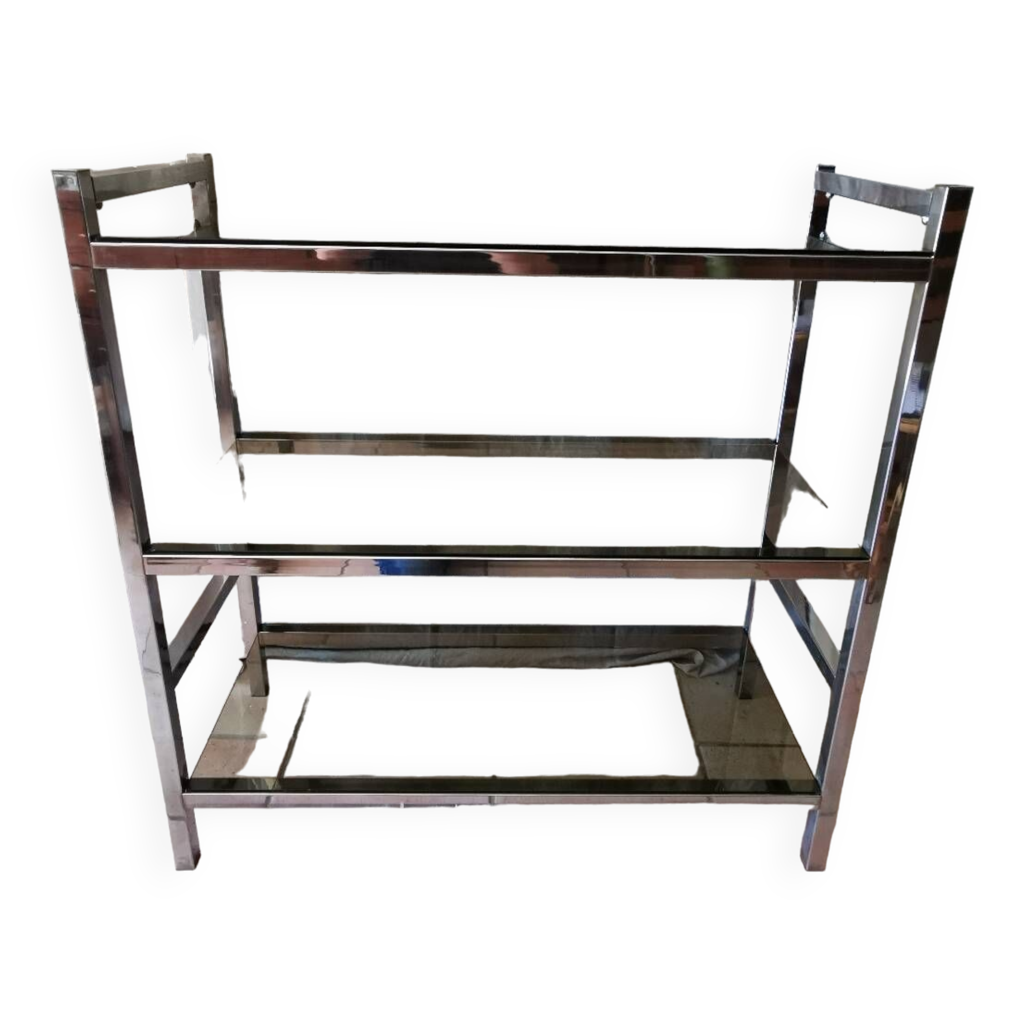 Étagère vintage métal chromé et verre fumé