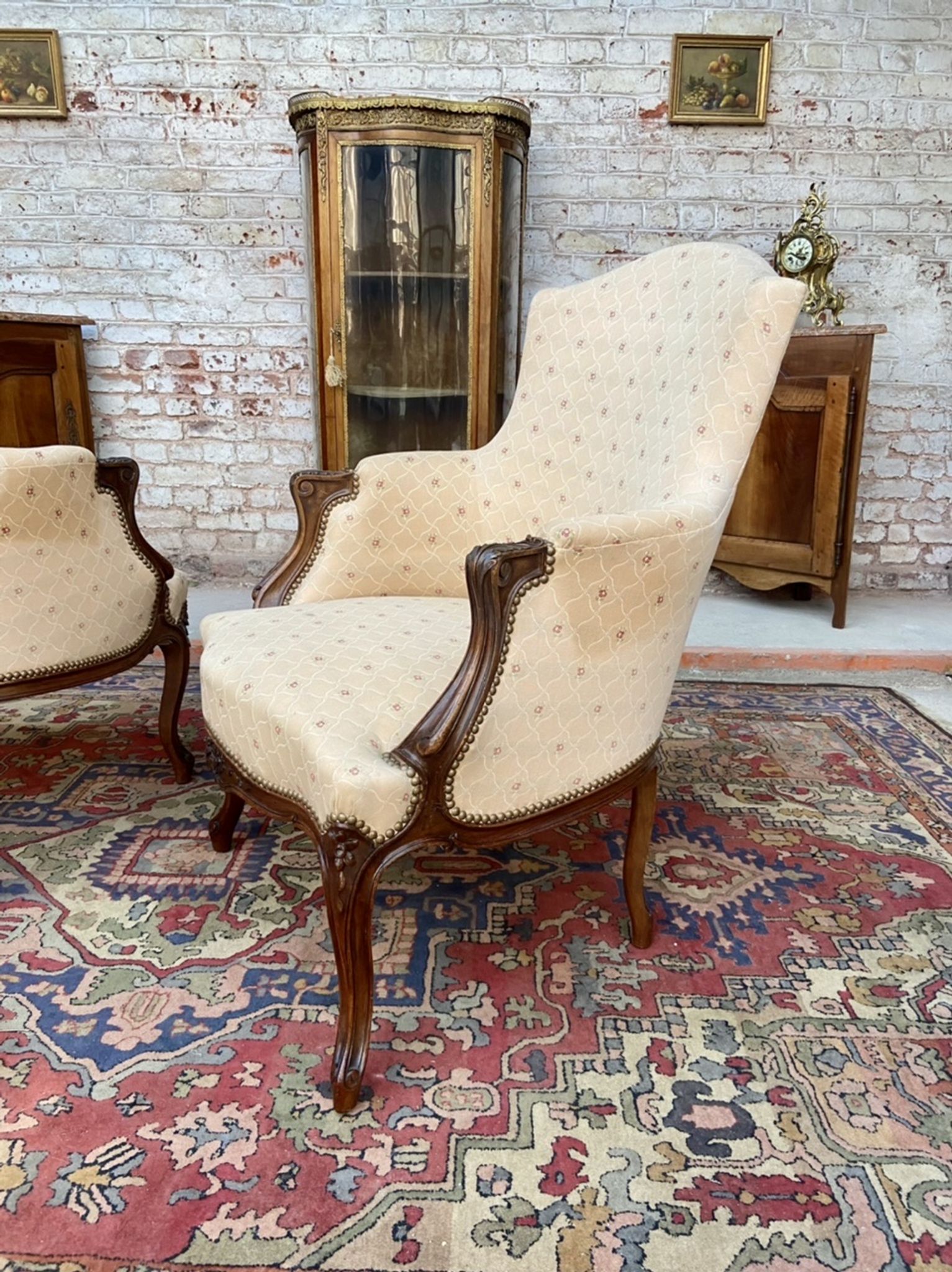 Pair of armchairs in natural wood style Louis XV XIXth